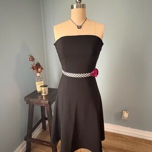 Ruby Rox Strapless Black Dress with White Accent Belt and Pink Flower